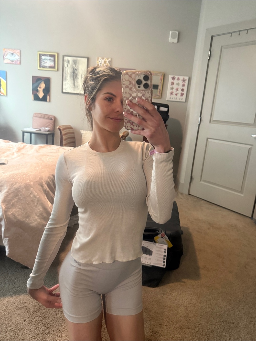 Divided Long-Sleeve Ribbed Crewneck Top in Light Cream